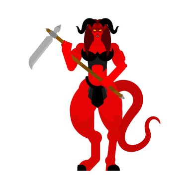 Tırpan kadın iblisle savaşçı. Güçlü kadın şeytan. çılgına Succubus kırmızı. Bayan şeytan. Cehennem savaşçılar.  