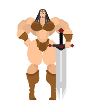 Barbar kadın. Bayan viking. Güçlü kadın savaşçı silah büyük bıçak. Berserk. Güçlü güçlü Ortaçağ paralı asker. Vektör çizim