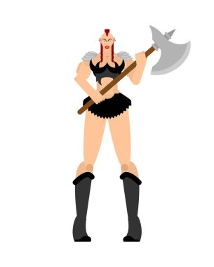 Barbar kadın. Bayan viking. Güçlü kadın savaşçı silah büyük bıçak. Berserk. Güçlü güçlü Ortaçağ paralı asker. Vektör çizim