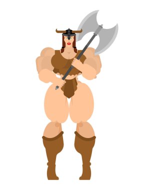 Barbar kadın. Bayan viking. Güçlü kadın savaşçı silah büyük bıçak. Berserk. Güçlü güçlü Ortaçağ paralı asker. Vektör çizim
