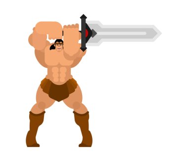 Barbar kılıç ile. Güçlü savaşçı silah büyük bıçak. Berserk acımasız adam. Güçlü güçlü Ortaçağ paralı asker. Vektör illustratio