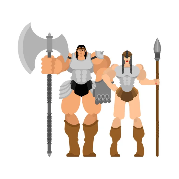 Barbarian Warrior Couple Woman Man Berserk Family Strong Trong Powerful — Stock Vector