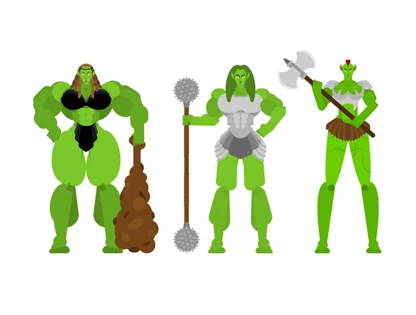 Ogre Vrouwelijke Krijger Set Groene Kobold Vrouw Strong Berserk Dame — Stockvector