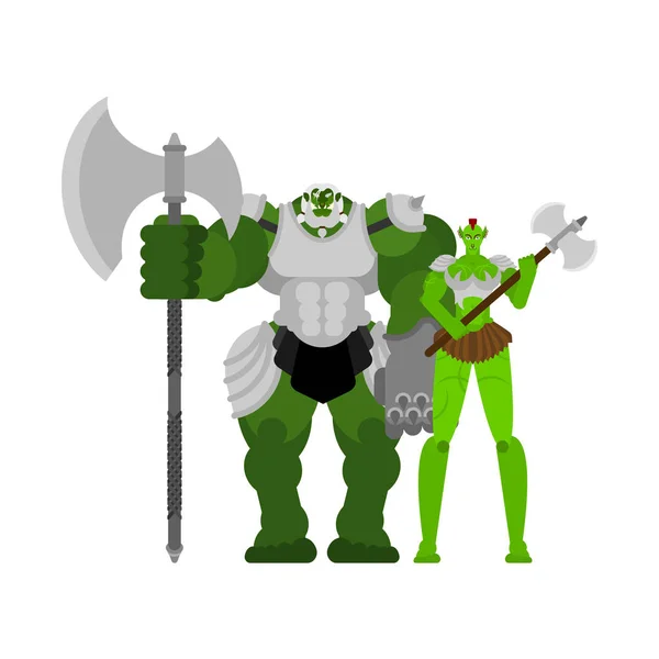 Ogro Guerrero Mujer Hombre Familia Duende Verde Fuerte Berserk Troll — Vector de stock