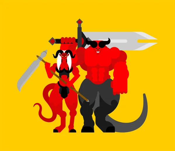 恶魔女人和男人战士 魔鬼家族强大 狂暴的苏库布斯和撒旦 地狱战士 — 图库矢量图片