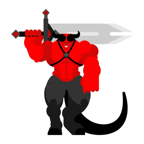 Guerrero Demonio Con Espada Diablo Fuerte Satanás Rojo Berserk Guerreros — Vector de stock