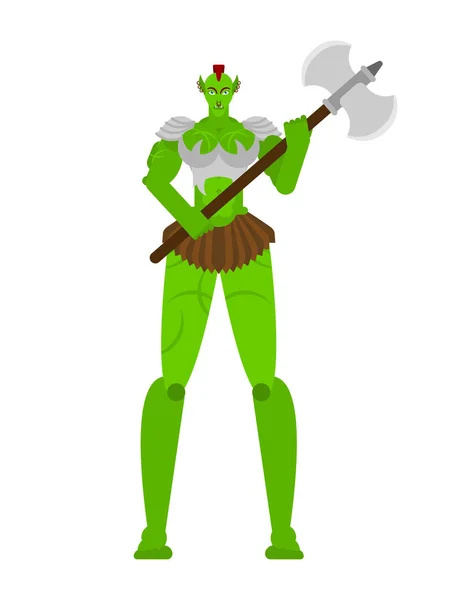 Ogre Female Warrior Weapon Green Goblin Woman Strong Berserk Lady — Stock Vector