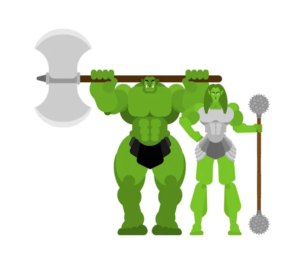 食人魔战士女性和男人 绿色妖精家族坚强 狂暴的巨魔与武器 — 图库矢量图片