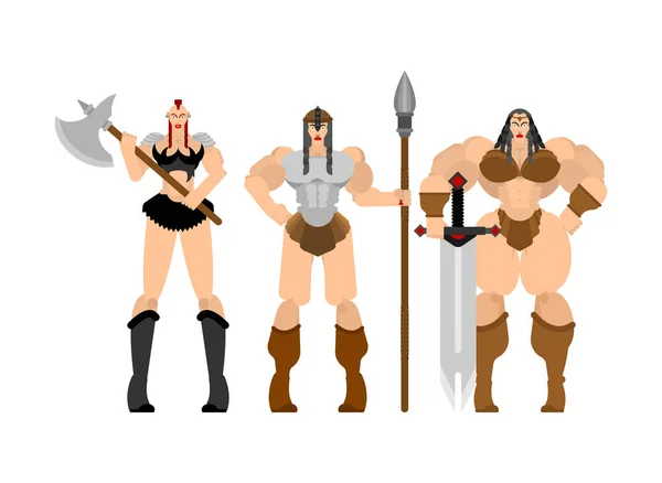 Set Mujeres Bárbaras Lady Viking Guerrera Femenina Fuerte Con Armas — Archivo Imágenes Vectoriales