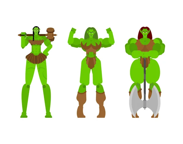 Ogre Vrouwelijke Krijger Set Groene Kobold Vrouw Strong Berserk Dame — Stockvector