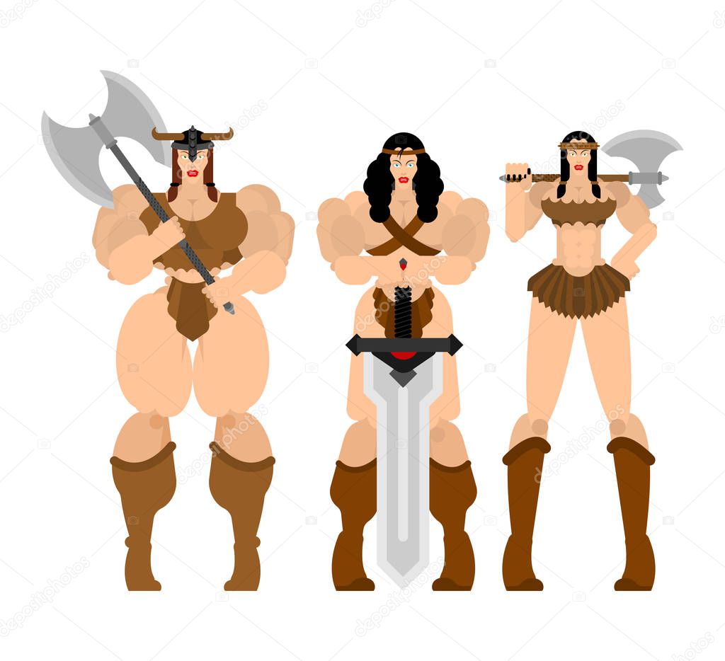 Barbarian woman set. Lady viking. Strong female Warrior with weapons Big blade. berserk. Strong Powerful Medieval Mercenary Soldier. Vector illustration