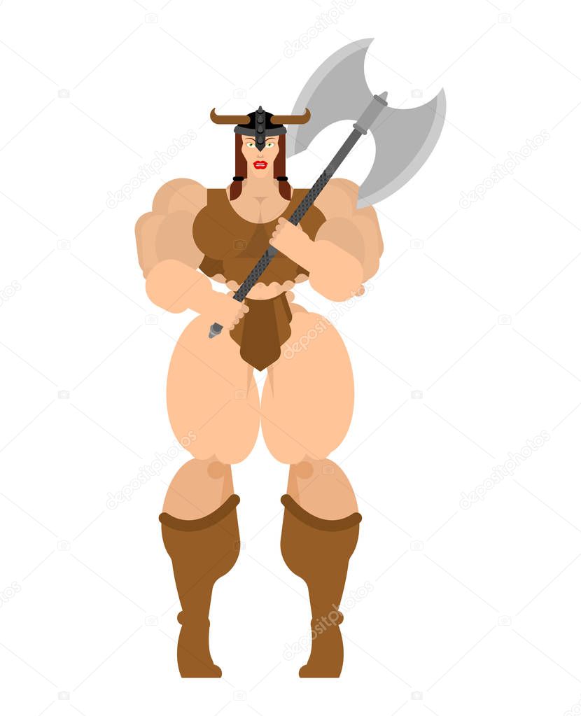 Barbarian woman. Lady viking. Strong female Warrior with weapons Big blade. berserk. Strong Powerful Medieval Mercenary Soldier. Vector illustration