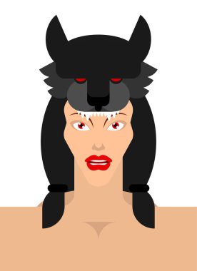 Kurt headdress kızla. kadın yüz ve kurt kafası