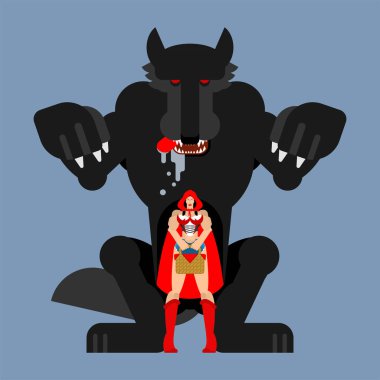 Yetişkin Red Riding Hood ve kurt. Kırmızı pelerin güzel kadın