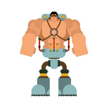 Demir sibernetik bacaklar robot olan cyborg adam. İnsansı mekanizması. Mekanik teknoloji robotik iskelet 