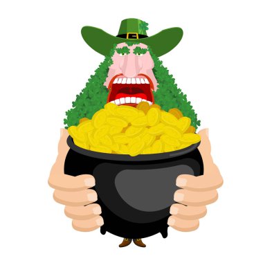 Leprechaun and Pot of gold. beard in Shamrock face. Clover mustache. Ireland holiday. St. Patrick's Day. Traditional Irish holiday. Green leaves trefoil clipart