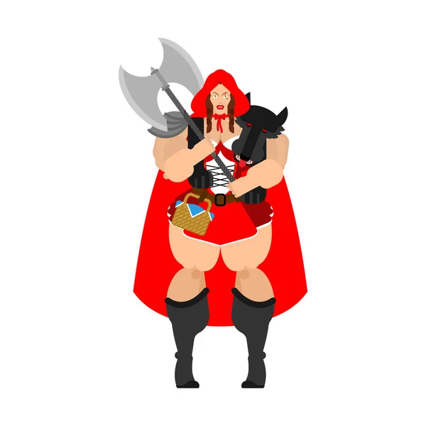 强大的成人红帽和狼皮奖杯狩猎 穿着红色斗篷的强壮女战士 强大的女性保护者 美丽的女士 — 图库矢量图片