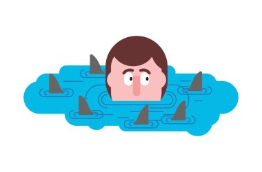 Adam köpek balıkları tarafından çevrili. İşadamı umutsuzluk. Umutsuz situatio