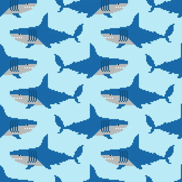 Shark Pixel Konst Mönster Sömlös Marina Predator Bit Bakgrund Grafik — Stock vektor