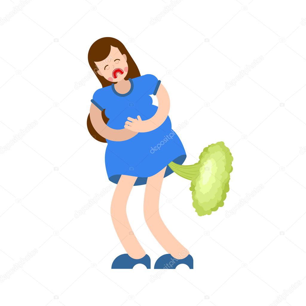 Woman fart sick stomach. female farting. Digestive Disease