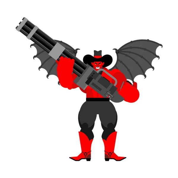 Devil evil Cowboy e Minigun. Pistoleiro Demónio do Oeste Selvagem. Irritado — Vetor de Stock