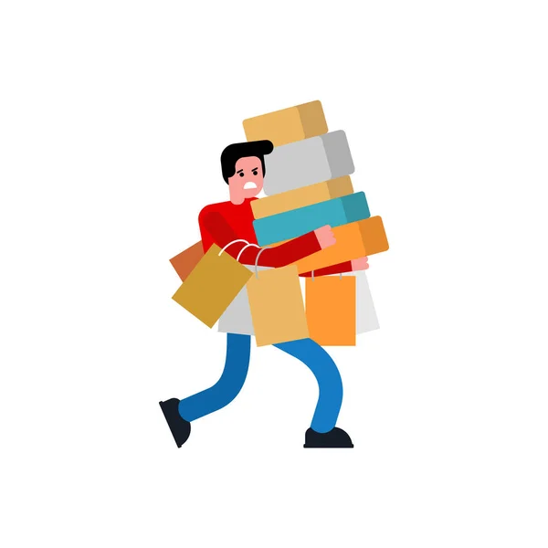 Hombre de compras aislado. Hombre en la tienda y paquetes. comprador chico y — Vector de stock