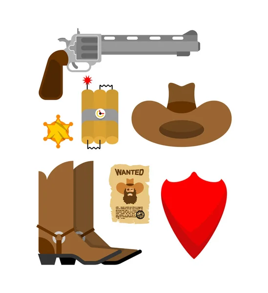 Cowboy tartozék szett. kalap és a csizma. nyugati ikonra. Wild west sho — Stock Vector