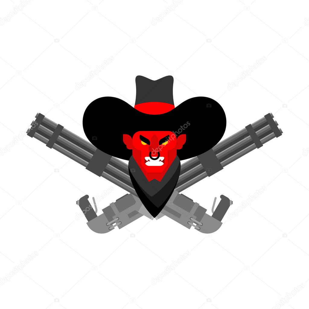 Devil Cowboy face and gun. Crossed Minigun. Wild West Demon gunf