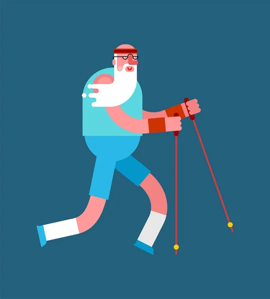 Oude man Nordic Walking geïsoleerd. Grootvader gaan met ski-stokken. — Stockvector