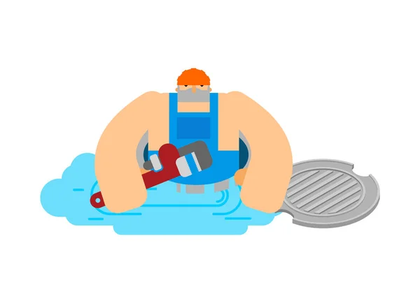 Plumber in manhole. Worker working in sewer manhole. Communal ac — Stock Vector