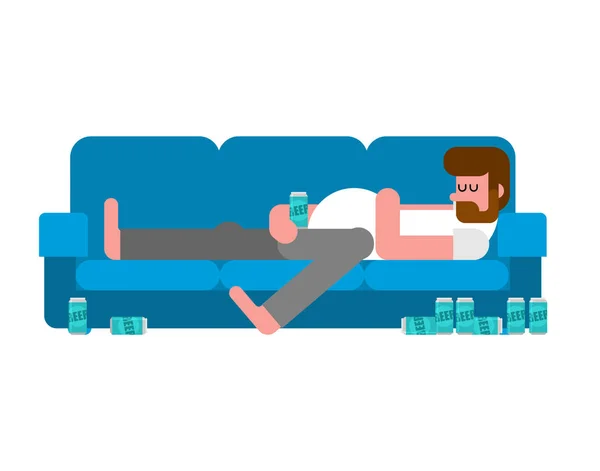 Un homme paresseux allongé sur le canapé buvant de la bière. personne indolente gars est ly — Image vectorielle
