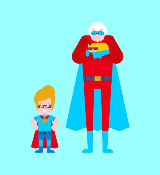 Бабуся супергероя і онука. Супер бабуся в плащ і м — стоковий вектор