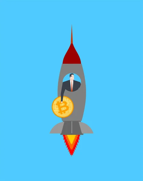 Bitcoin börjar med raketen. Prisstegringen. Kryptovaluta pri — Stock vektor