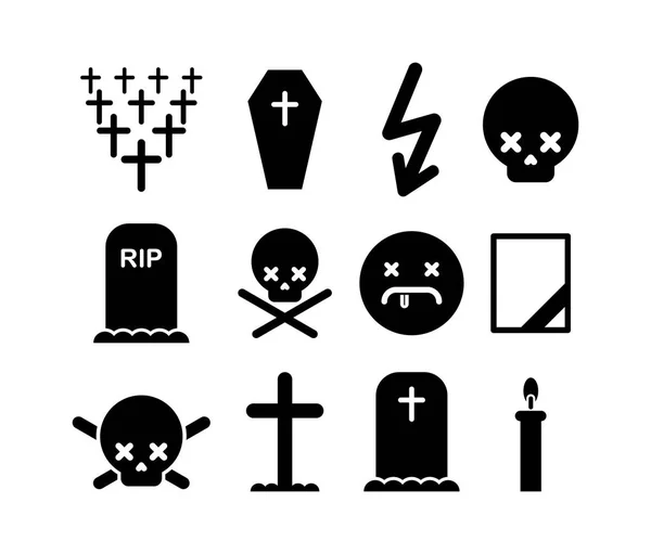 Ícone da morte. Pedra tumular e símbolo de cruz. Cemitério e crânio . —  Vetores de Stock