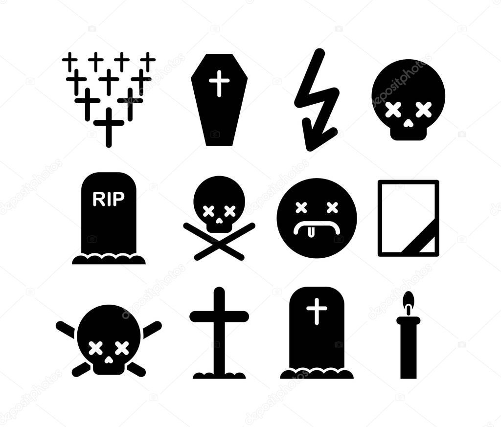 Death icon set. Tombstone and cross symbol. Cemetery and skull. 