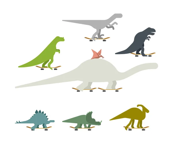 Dino on skateboard set. Dinosaur Skateboarder. Prehistoric lizar — Stock Vector