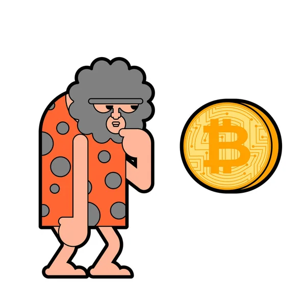 Cavernícola y Bitcoin. Hombre prehistórico y criptomoneda. Antiguo. — Vector de stock