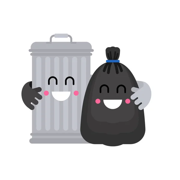 Trashcan and garbage bag friends. Trash can and black sack coupl — Stock Vector