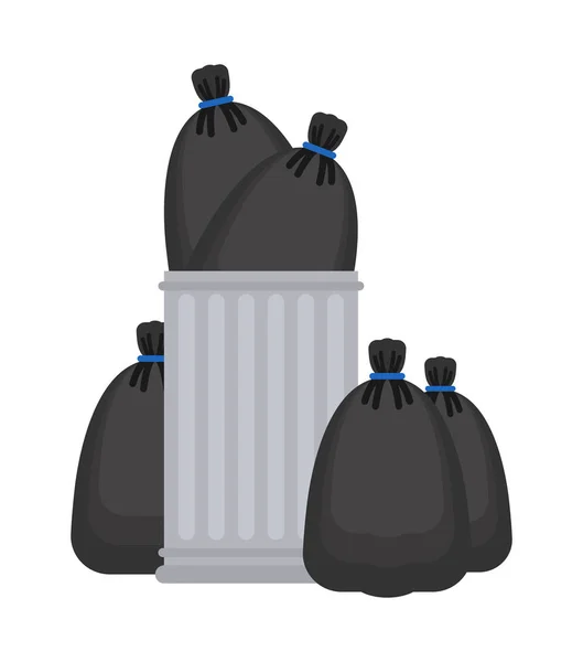 Trashcan and garbage bag. Trash can and black sack. rubbish bin — Stock Vector