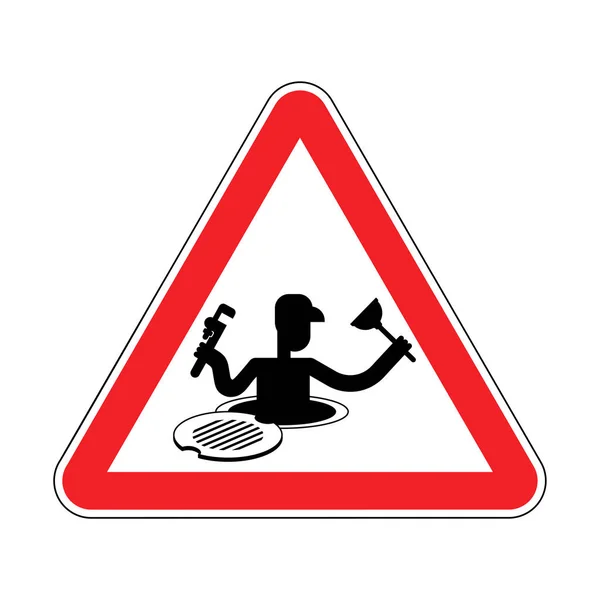 下水道の注意配管工。赤い道路標識を警告します。注意作業 — ストックベクタ