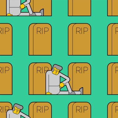 Mezarlık deseni sorunsuz. Üzgün adam mezarın yanında oturuyor. Adam ve 