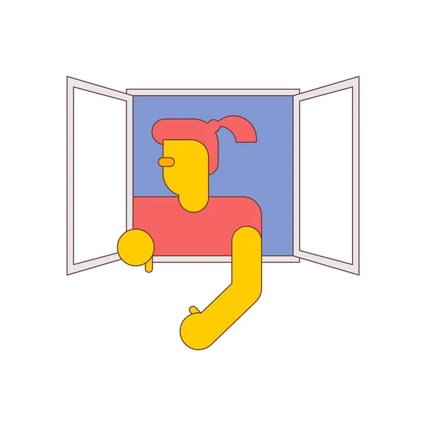 Mujer en ventana aislada. Casquillo femenino agitando sus brazos. vecto — Vector de stock