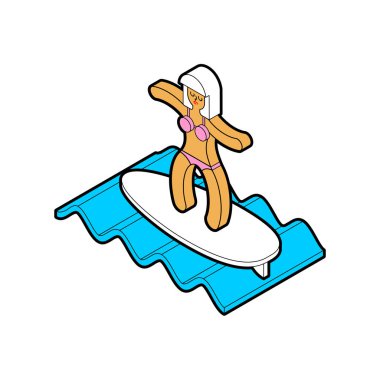 Dalgadaki sörf tahtasındaki kız. Kadın Sörfçü izole edilmiş. vektör illustr