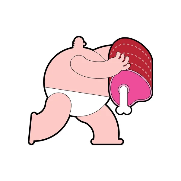 太った男と肉の漫画。ベクトルイラストレーション — ストックベクタ
