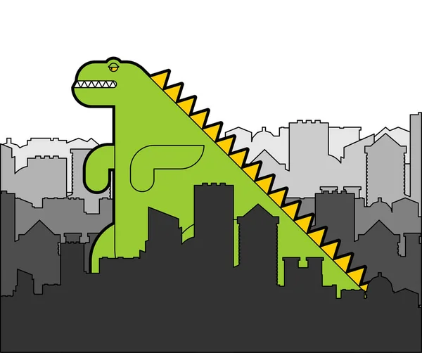 Dinosaure dans le dessin animé de la ville. Dino en ville. Dragon et bâtiments — Image vectorielle