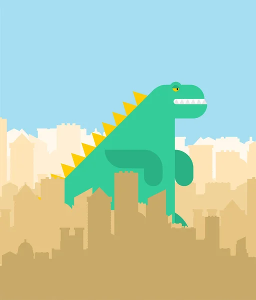 Dinosaure dans le dessin animé de la ville. Dino en ville. Dragon et bâtiments — Image vectorielle