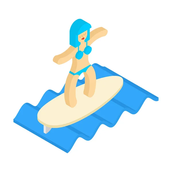 Chica en la tabla de surf en ola. Mujer Surfer aislada. vector illustr — Archivo Imágenes Vectoriales