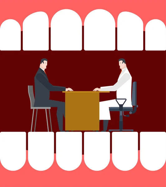 Dentista en miniatura en boca. limpieza diente vector ilustración — Vector de stock