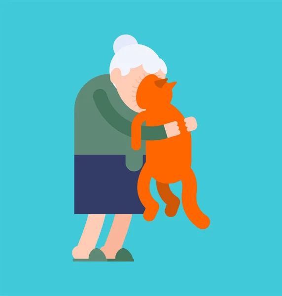 Бабушка обнимает кота. Бабушка любит домашних животных. Грандиозное домашнее животное . — стоковый вектор