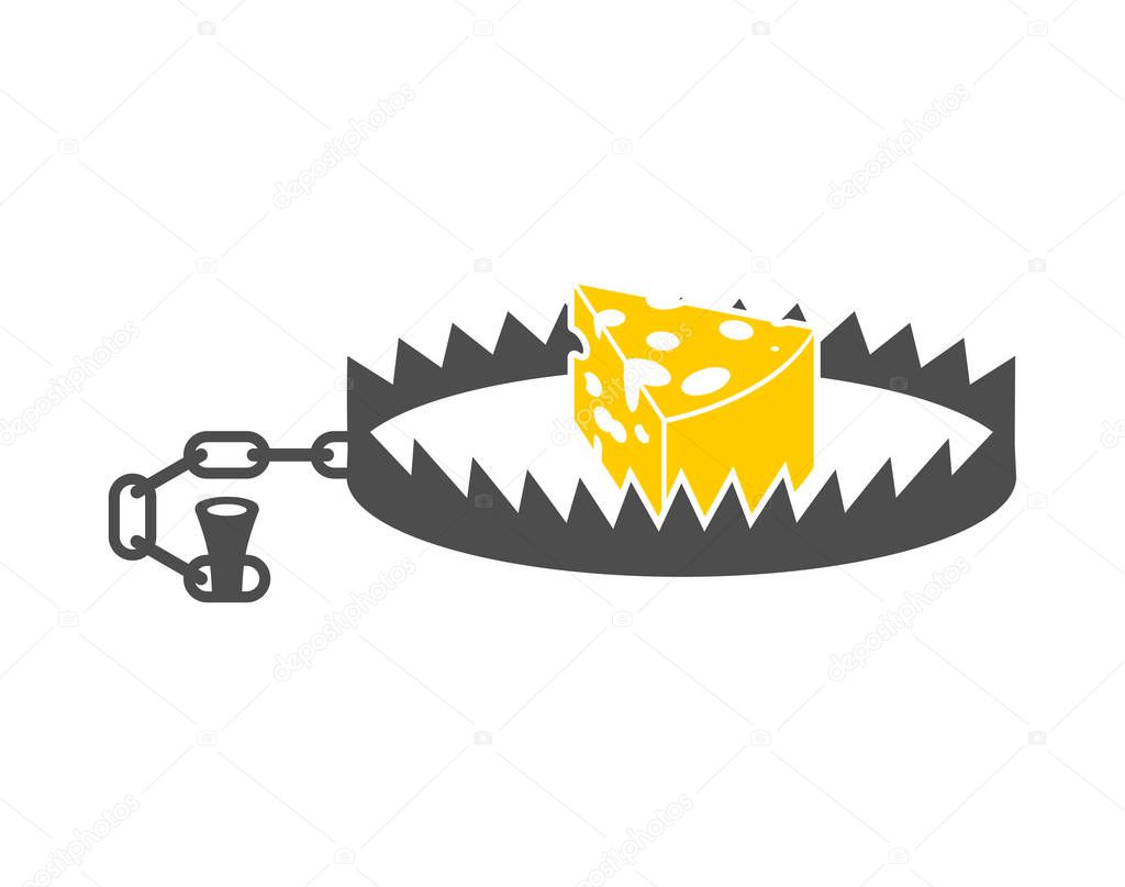Bear trap and cheese. Metal animal mantrap. vector illustration